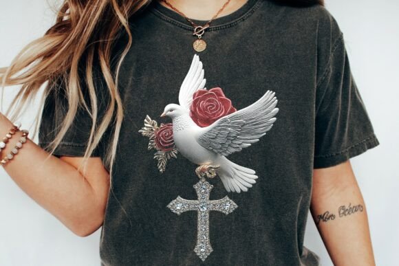 Dove Rose Cross Jewel Christian Art PNG for T-Shirt Designs