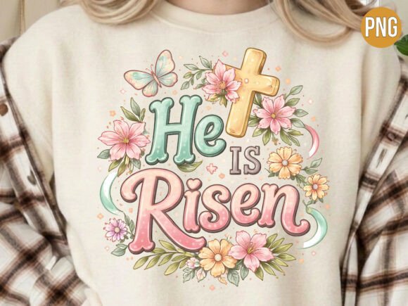 Pink He is Risen Cross Floral Christian T-Shirt Designs